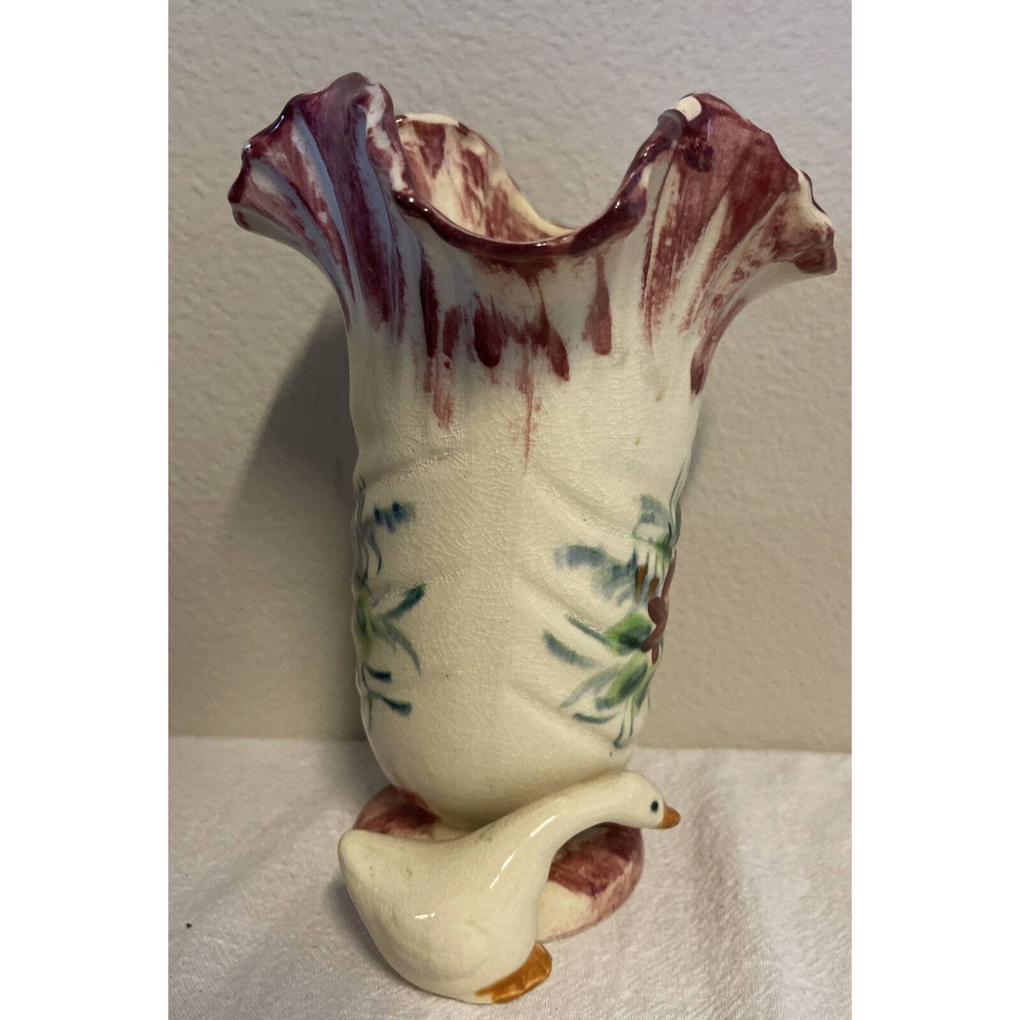 Vintage Vase Made In Japan Two Ducks Floral 8” Tall NICE RARE