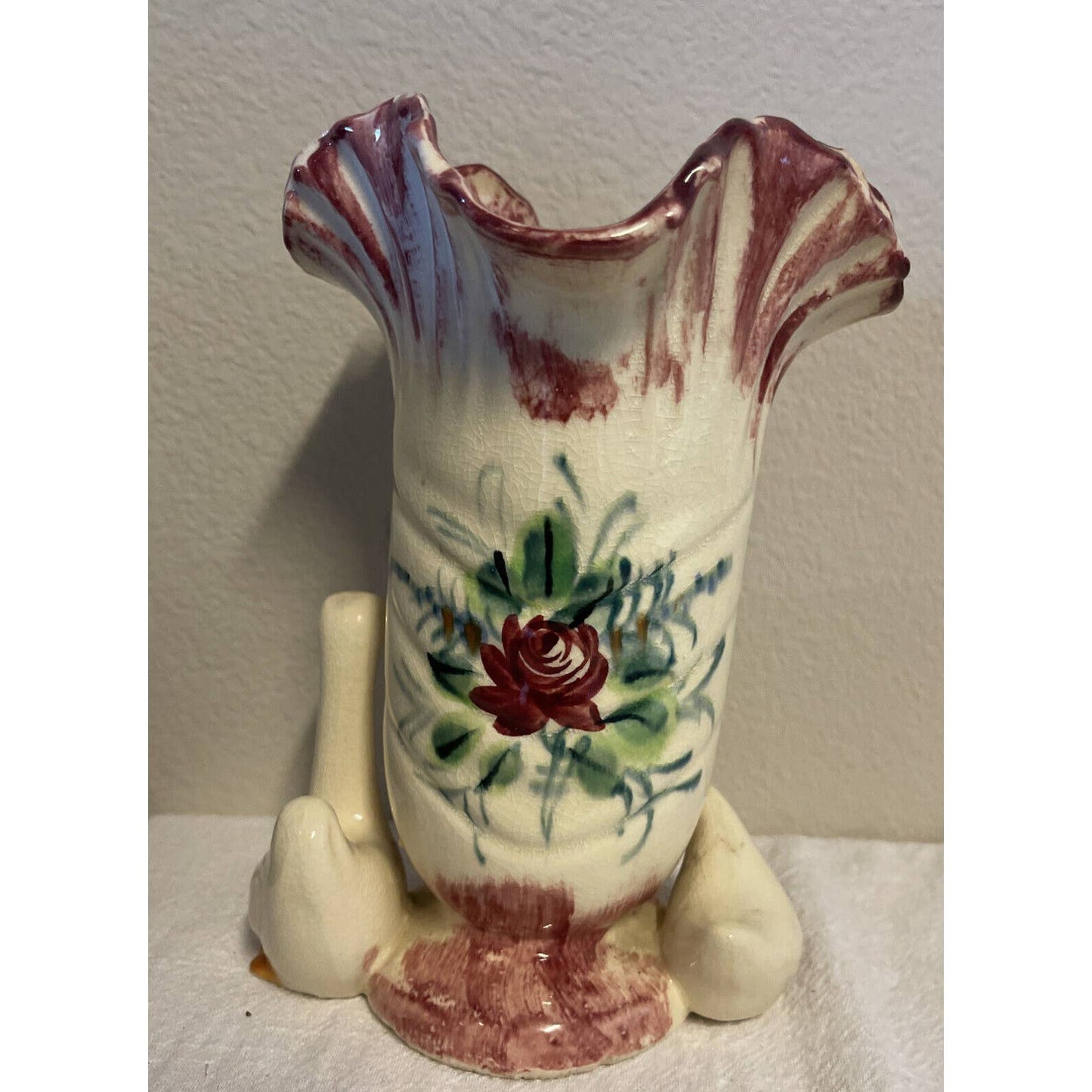 Vintage Vase Made In Japan Two Ducks Floral 8” Tall NICE RARE
