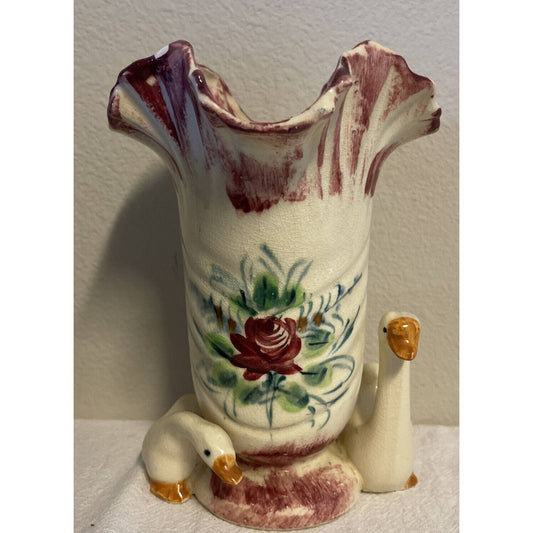 Vintage Vase Made In Japan Two Ducks Floral 8” Tall NICE RARE