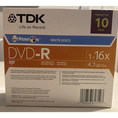 Genuine TDK (1-16X) 4.7GB Pack of 10 Blank White Discs Life on Record DVD-R