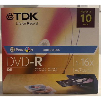 Genuine TDK (1-16X) 4.7GB Pack of 10 Blank White Discs Life on Record DVD-R