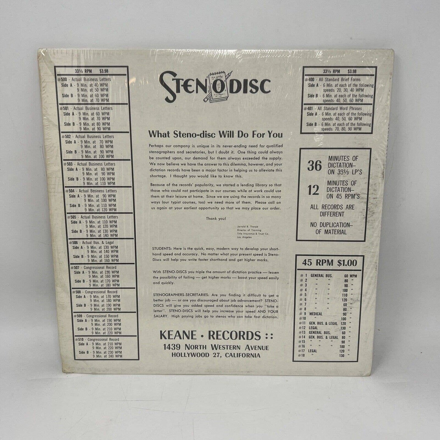 Stenodisc Actual Business Letters Record No. 7 Volume 504 Educational Vinyl