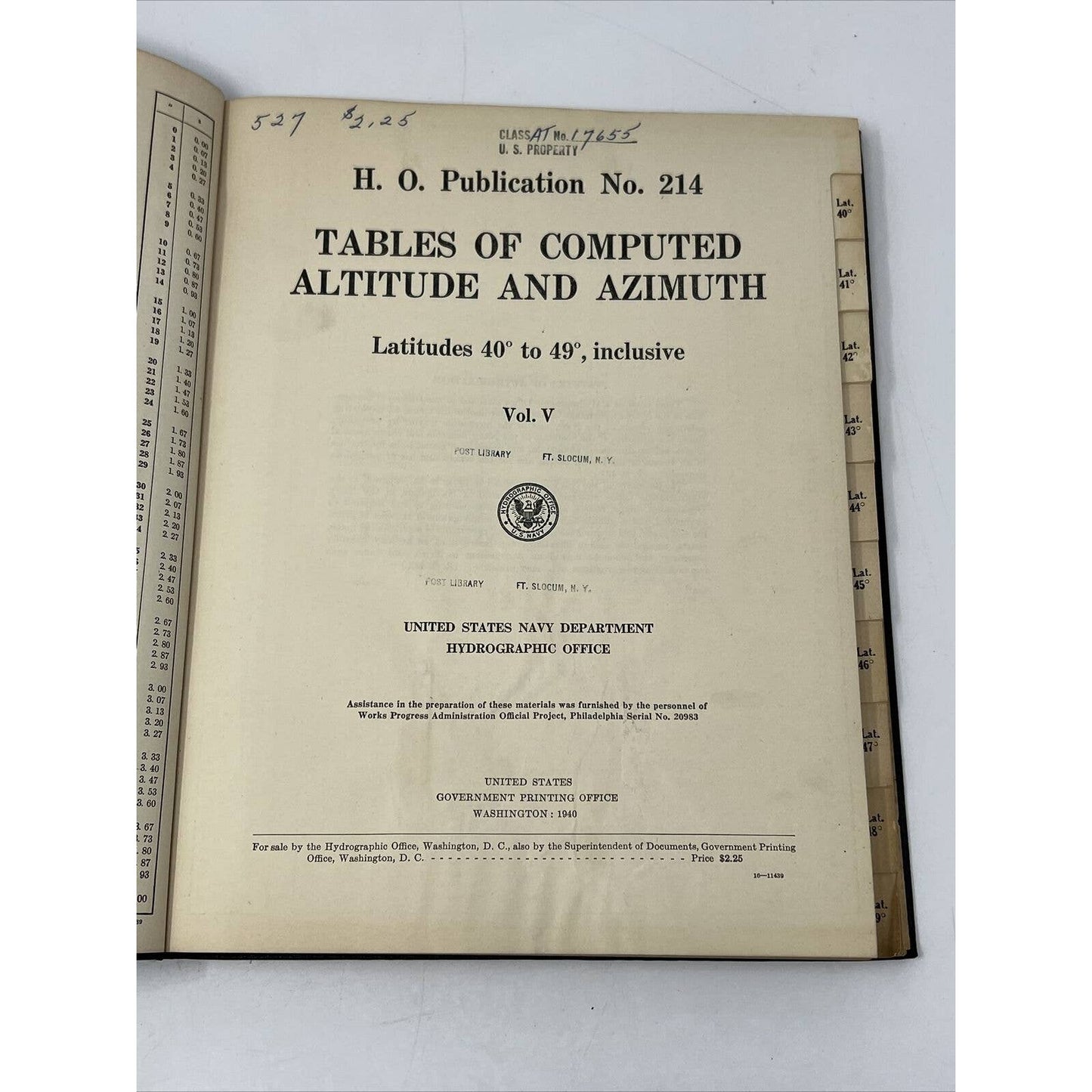 1940 US Navy Tables of Computed Altitude and Azimuth Latitudes 40 To 49 Book